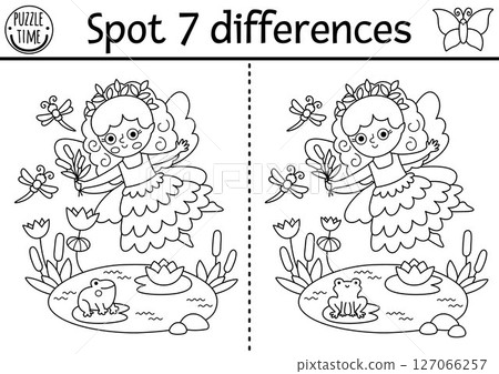 Black and white find differences game. Fairyland educational line activity with swamp fairy. Magic forest puzzle for kid. Fairytale printable worksheet, coloring page for logic, attention with fantasy Black and white find differences game. Fairyland educational line activity with swamp fairy. Magic forest puzzle for kid. Fairytale printable worksheet, coloring page for logic, attention with fantasy 127066257