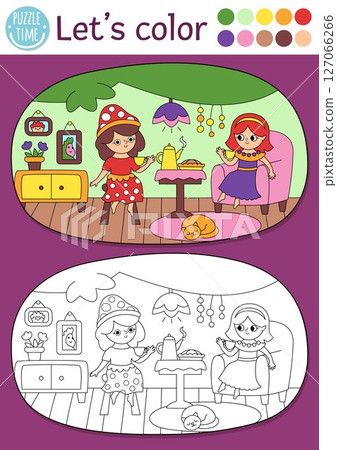 Fairyland coloring page with cute fairies drinking tea in tree house. Vector outline illustration. Color book for kids with colored example. Fairytale fantasy drawing skills printable worksheet Fairyland coloring page with cute fairies drinking tea in tree house. Vector outline illustration. Color book for kids with colored example. Fairytale fantasy drawing skills printable worksheet 127066266