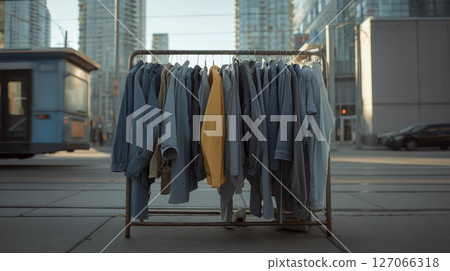 Clothing rack displaying various shirts in urban setting with modern buildings in background 127066318