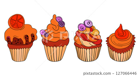 Muffin cake, sweet cupcake with cream, delicious pastries. Modern vector illustration, logo for cafe, restaurant, pastry shop. Dessert icon. Symbol for a candy bar Muffin cake, sweet cupcake with cream, delicious pastries. Modern vector illustration, logo for cafe, restaurant, pastry shop. Dessert icon. Symbol for a candy bar 127066446