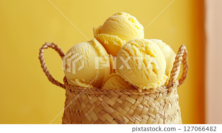 Scoops of yellow ice cream sit in a woven basket against a bright yellow background. Concept of dessert indulgence and summer freshness. 127066482