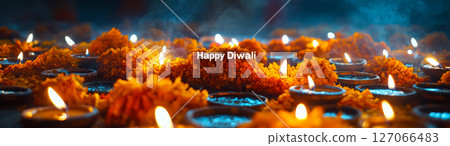 Clay lamps with marigold flowers and "Happy Diwali" text are arranged closely with soft glows. Concept of festival, celebration, tradition. 127066483