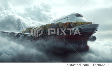 A large ship with an airplane body is floating through clouds, carrying colorful containers. Concept of surreal transportation and imaginative design. 127066508