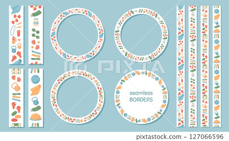 Seamless border of sport equipment in doodle style pattern. Gym and workout tools like dumbbells, bottles, and sneakers form a colorful healthy lifestyle frame. Perfect for fitness backgrounds, banner Seamless border of sport equipment in doodle style pattern. Gym and workout tools like dumbbells, bottles, and sneakers form a colorful healthy lifestyle frame. Perfect for fitness backgrounds, banner 127066596