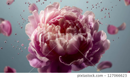Beautiful pink peony flower with petals floating in air, showcasing delicate floral beauty and elegance 127066623