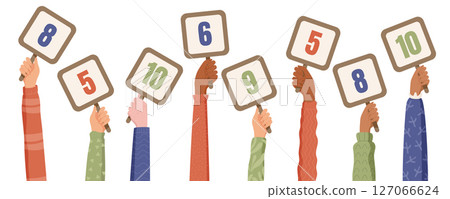 Cartoon hands hold rating signs with various scores. Hands lift boards displaying grades and ranking. Feedback, review, and satisfaction concept, modern style, ideal for banners, customer surveys, 127066624