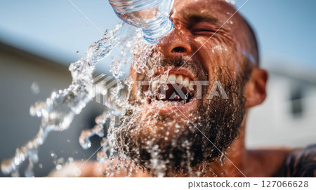 Man experiencing extreme heat relief by splashing water on his face in bright sunlight 127066628