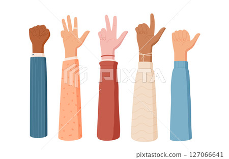 Cartoon hands count gesture with sleeves show numbers set. Fingers in different poses count numbers. Isolated flat style, educational and playful use. 127066641