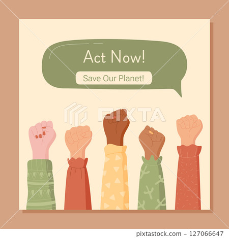 Flat banner with raised hands symbolizing social volunteer community and multicultural solidarity. Diverse hands represent aid and unify efforts to protect the planet. Optimistic concept, colorful 127066647