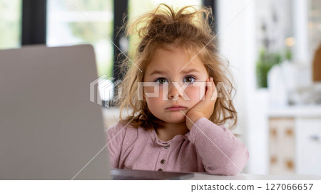 Young girl with brown hair sitting at a desk, looking bored while using a laptop in a bright room 127066657