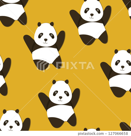 Seamless pattern with cute panda baby on color background. Funny asian animals. Card, postcards for kids. Flat vector illustration for fabric, textile, wallpaper, poster, gift wrapping paper 127066658