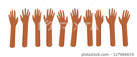 Set of open hands in flat style. Raised human gestures represent unity and solidarity. Diverse bare arms express community and volunteer work. Abstract colorful illustration for charity, equality 127066659