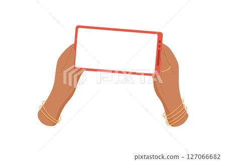 Hand holds a smartphone with a blank screen. A user grips phone displaying template for an app. Gesture presents digital device in flat style, perfect for online media, communication, and digital Hand holds a smartphone with a blank screen. A user grips phone displaying template for an app. Gesture presents digital device in flat style, perfect for online media, communication, and digital 127066682