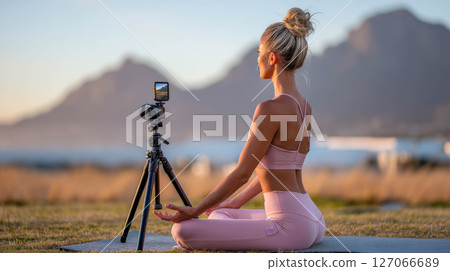 Woman practicing yoga outdoors with camera on tripod capturing serene mountain landscape 127066689