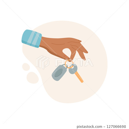 Hand gesture gives key. Icon of a hand receiving a key. Concept of transfer, flat style, suitable for graphic use in car themes and safety presentations. 127066698
