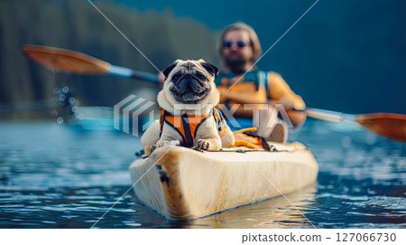 Pug enjoying a kayak adventure with a smiling owner on a serene lake surrounded by nature scenery concept Pug enjoying a kayak adventure with a smiling owner on a serene lake surrounded by nature scenery concept 127066730