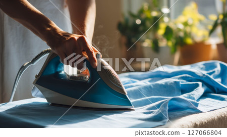 Person using a blue iron on a wrinkled shirt in a bright, cozy indoor setting with plants Person using a blue iron on a wrinkled shirt in a bright, cozy indoor setting with plants 127066804