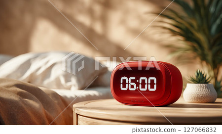 Red digital alarm clock displaying time on bedside table with cozy bedding and plant decor Red digital alarm clock displaying time on bedside table with cozy bedding and plant decor 127066832