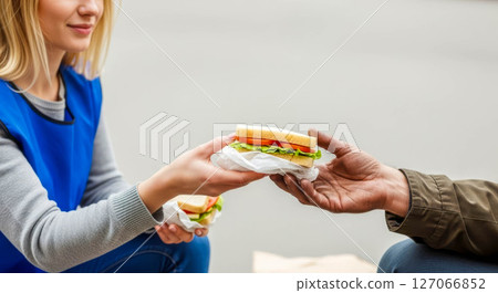 Woman in blue vest handing sandwich to a man in need, showcasing compassion and community support Woman in blue vest handing sandwich to a man in need, showcasing compassion and community support 127066852