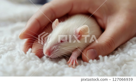 A white rat sleeps nestled in a gentle hand on a soft surface. Concept of warmth, care, and tenderness. 127066939