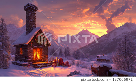Cozy stone cabin with lit interior, surrounded by snow and mountains at sunset. Concept of winter holiday warmth and serenity. 127066971
