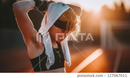 Athletic young woman adjusting headband while preparing for workout on outdoor track at sunset 127067011