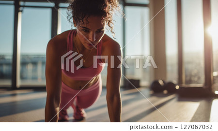 Athletic woman performing push-ups in a bright gym with large windows and natural light Athletic woman performing push-ups in a bright gym with large windows and natural light 127067032