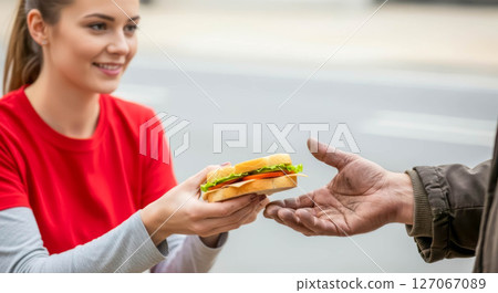Young woman in red shirt handing sandwich to homeless man on city street, showcasing kindness 127067089
