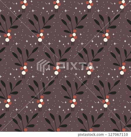 Christmas seamless pattern. Holiday Background with berry fruit. Doodle sprigs print. Design for hiliday card, poster, fabric, textile 127067110