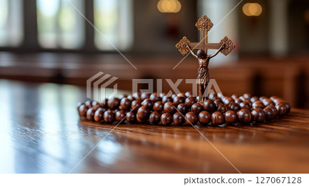 Crucifix stands on a wooden rosary on a polished table inside a church. Concept of faith, spirituality, religion. 127067128