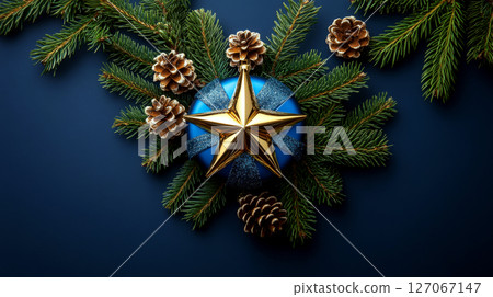A golden star on a blue ornament is surrounded by pine needles and pine cones on a dark background. Concept of festive decoration. A golden star on a blue ornament is surrounded by pine needles and pine cones on a dark background. Concept of festive decoration. 127067147