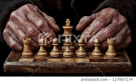 Elderly hands hover over a small wooden chessboard with pieces arranged. Concept of strategy, age, wisdom. 127067174