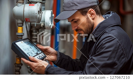 A man in a cap uses a digital device to check machinery in an industrial setting. Concept of technology and maintenance. 127067210