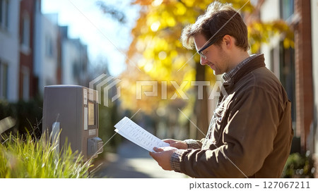 A man stands outdoors, reading papers beside an electronic meter. Concept of urban lifestyle and technology. 127067211