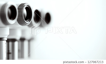 Lenses of a microscope are shown in a close-up, aligned in a row. Concept of scientific research and precision equipment. Lenses of a microscope are shown in a close-up, aligned in a row. Concept of scientific research and precision equipment. 127067213