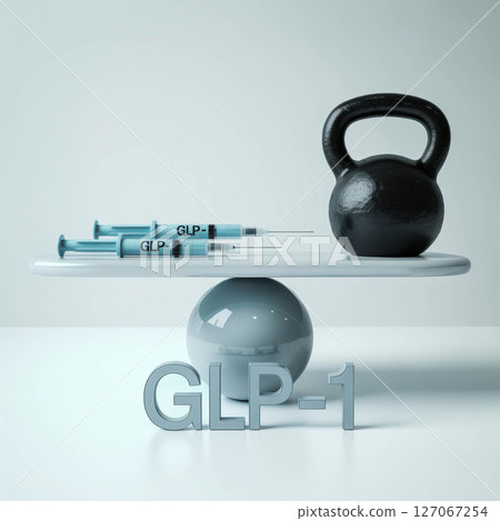 GLP-1 concept with kettlebell and syringes on a balanced platform showcasing health and fitness 127067254