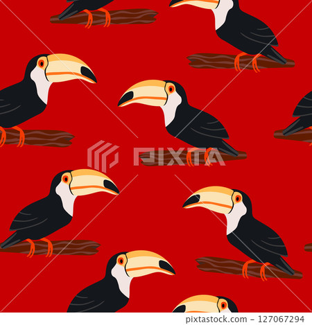 Seamless pattern with cute cartoon toucan bird on branch. Vector illustration for wallpaper, fabric, textile. Summer exotic print. Tropical toucan with floral monstera leaves 127067294