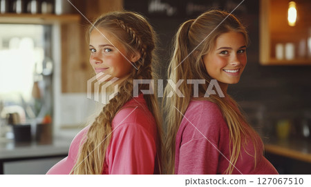 Two women with long hair stand back-to-back, one braided, both smiling indoors. Concept of friendship, warmth, and happiness. 127067510