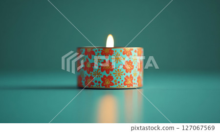A lit candle with a floral pattern sits on a blue surface. Concept of calm and warmth. 127067569