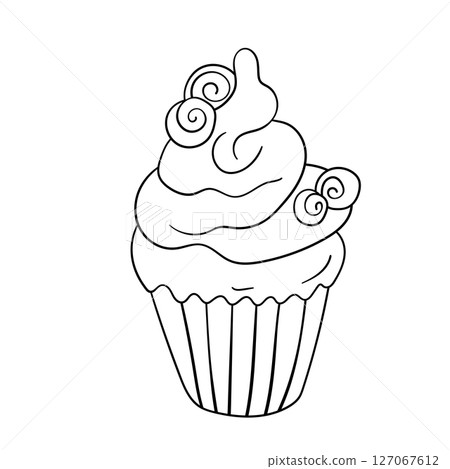 Muffin cake, sweet cupcake with cream, delicious pastries. Modern vector illustration, logo for cafe, restaurant, pastry shop. Dessert icon. Symbol for a candy bar Muffin cake, sweet cupcake with cream, delicious pastries. Modern vector illustration, logo for cafe, restaurant, pastry shop. Dessert icon. Symbol for a candy bar 127067612