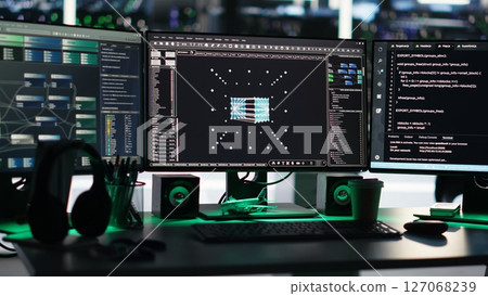 PCs in data center managing network resources using node tree software visualizing connections. Visual programming tools enabling efficient data processing and storage, handheld camera shot 127068239