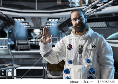 Astronaut waves hand during video call with command center on Earth while stationed aboard spacecraft. Cosmonaut saluting researchers, doing mission update during communication link to ground control 127068280