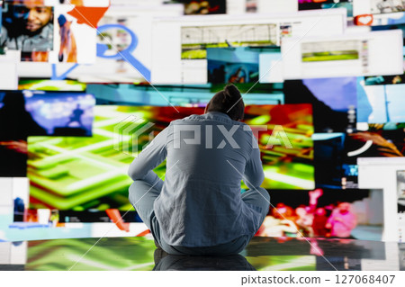 Visibly affected guy suffers from social anxiety due to excessive information on online platforms, obsessive social media overuse. Overwhelmed distressed man with low self esteem. Visibly affected guy suffers from social anxiety due to excessive information on online platforms, obsessive social media overuse. Overwhelmed distressed man with low self esteem. 127068407