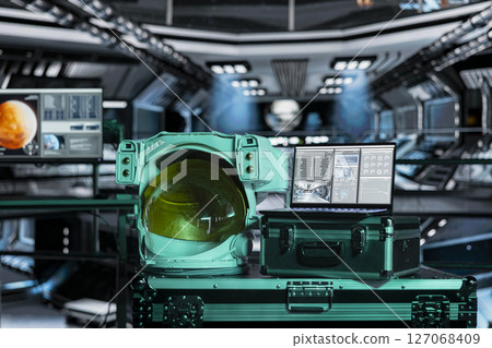 Space helmet next to laptop in spaceship showing core performance diagnostics during orbital flight. Astronaut equipment prepared for planetary expedition and notebook displaying spaceship readouts Space helmet next to laptop in spaceship showing core performance diagnostics during orbital flight. Astronaut equipment prepared for planetary expedition and notebook displaying spaceship readouts 127068409