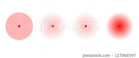 Set of red concentric circles. Pain localization icons. Sore, ache or inflammation symbols. Pulse or vibration signs. Radar or sound wave pictograms isolated on white background. Vector illustration Set of red concentric circles. Pain localization icons. Sore, ache or inflammation symbols. Pulse or vibration signs. Radar or sound wave pictograms isolated on white background. Vector illustration 127068597