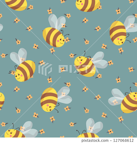 Seamless pattern with bees on color background. Small wasp. Vector illustration. Adorable cartoon character. Template design for invitation, cards, textile, fabric. Doodle style 127068612