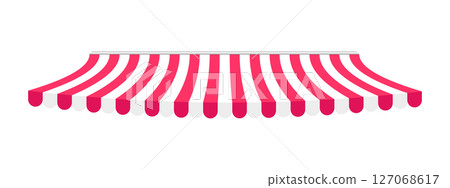 Shop awning for shadow. Striped store canopy. Market tent with red and white stripes isolated on white background. Cafe sunshade. Storefront interior element. Kiosk umbrella. Vector illustration Shop awning for shadow. Striped store canopy. Market tent with red and white stripes isolated on white background. Cafe sunshade. Storefront interior element. Kiosk umbrella. Vector illustration 127068617