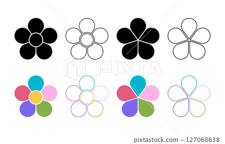 Set of flower silhouettes with 5 petals and core. Floral pie chart divided on five equal parts in leaf shapes isolated on white background. Vector graphic illustration Set of flower silhouettes with 5 petals and core. Floral pie chart divided on five equal parts in leaf shapes isolated on white background. Vector graphic illustration 127068638