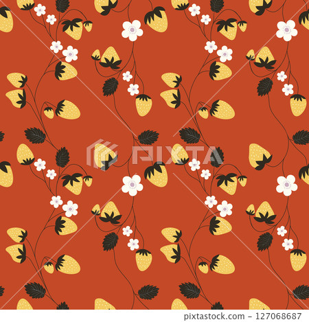 Seamless pattern with strawberry on color background. Natural delicious fresh ripe tasty fruit. Vector illustration for print, fabric, textile, banner, other design. Food concept. 127068687