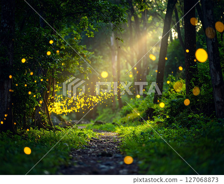 Rural landscape with fireflies 127068873